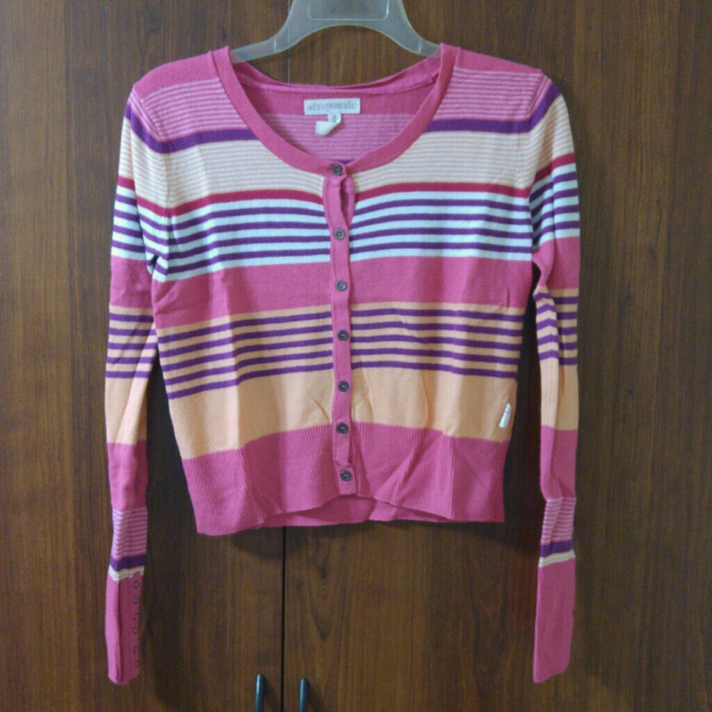 Aeropostale pink & orange stripe cardigan size M